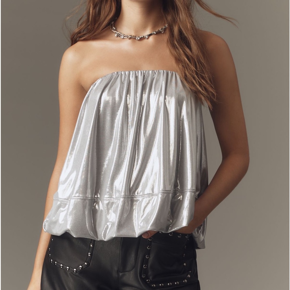 Anthropologie Maeve Shine Strapless Bubble Top in Silver Size Small